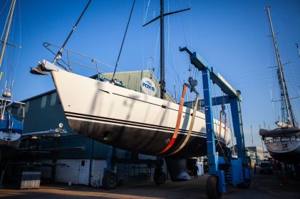 Oyster Yachts 72, Koluka coming out of workshop