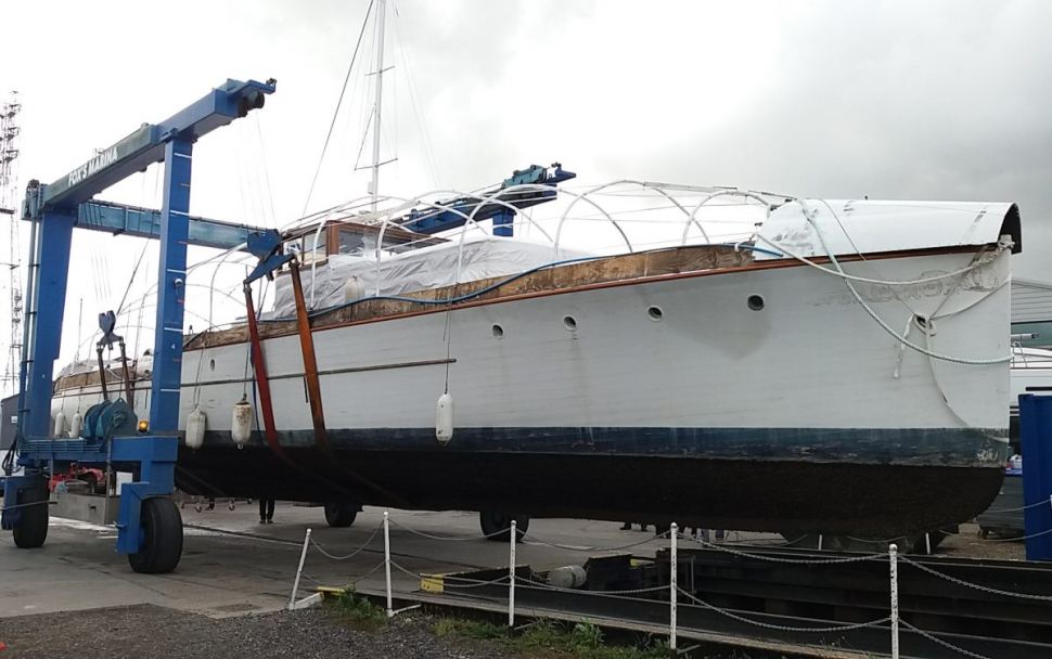 Ginger-Dot safely ashore at Fox’s Marina & Boatyard