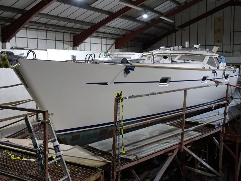 Hurricane damaged Oyster 56 returns to Fox’s for repair