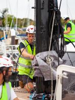 Fox's Rigger Josh lowering the mast into place