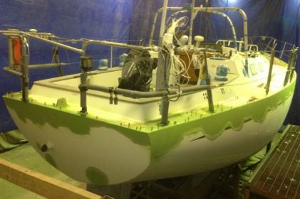 The refit at Fox’s Marina & Boatyard has included removing original failed paint and fairing compounds over much of the hull and deckhouse superstructure