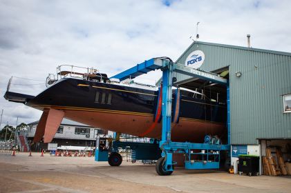 Oyster 885 Ayni coming out of Fox's workshop