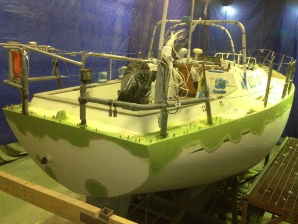 The refit at Fox’s Marina & Boatyard has included removing original failed paint and fairing compounds over much of the hull and deckhouse superstructure